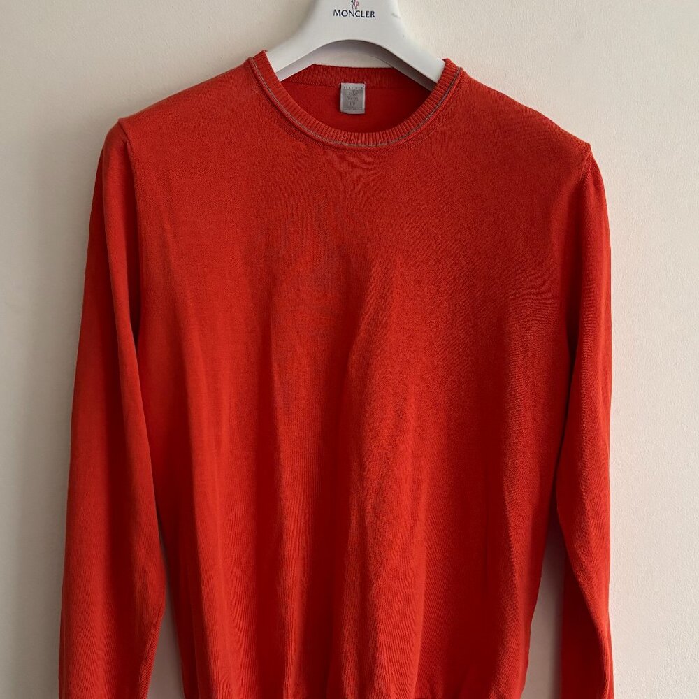 $635 Eleventy Platinum Crewneck Slim Fit Cotton Sweater in Orange - Medium